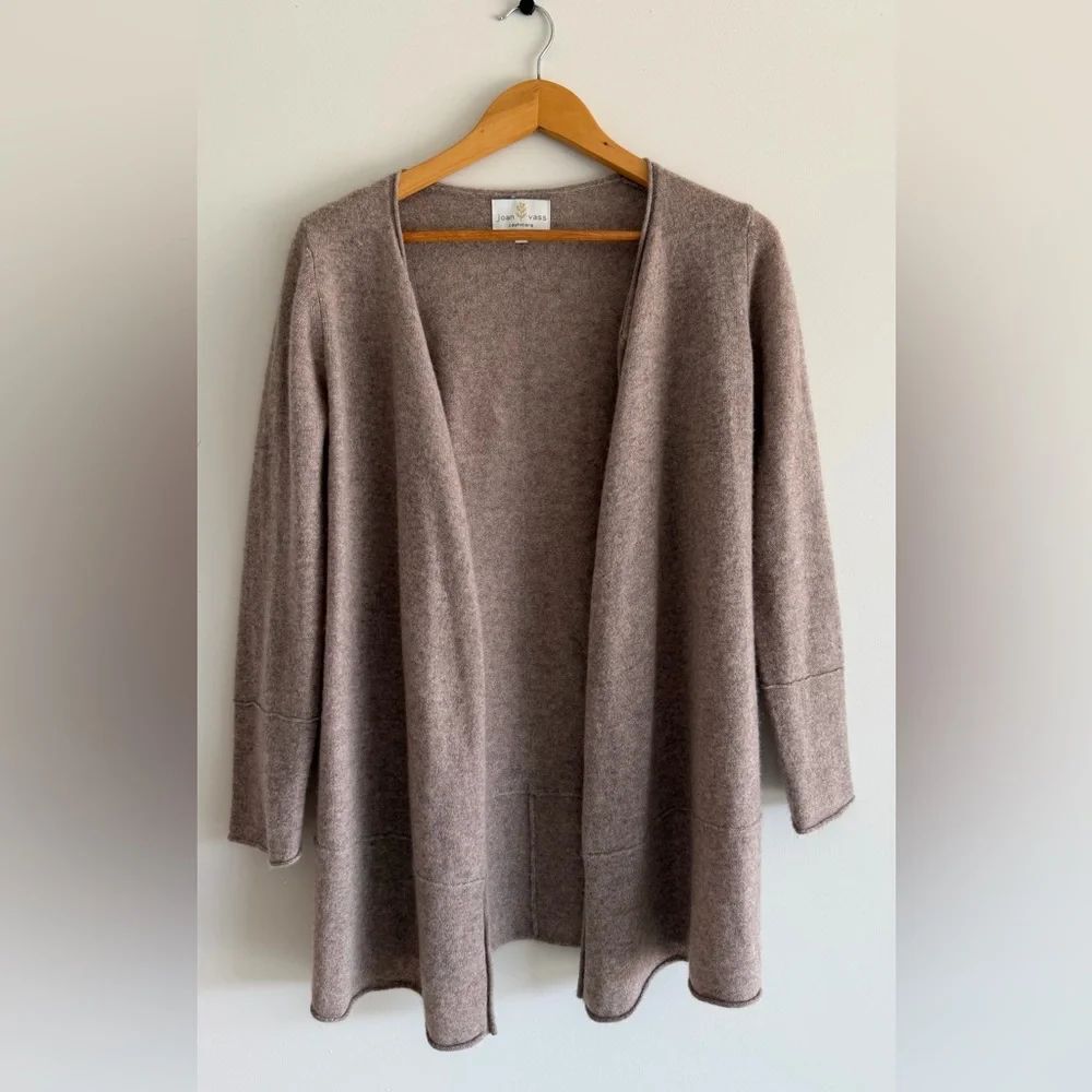 Joan Vass 100% Cashmere Open Front Cardigan Sweater Neutral Taupe Cozy Chic S